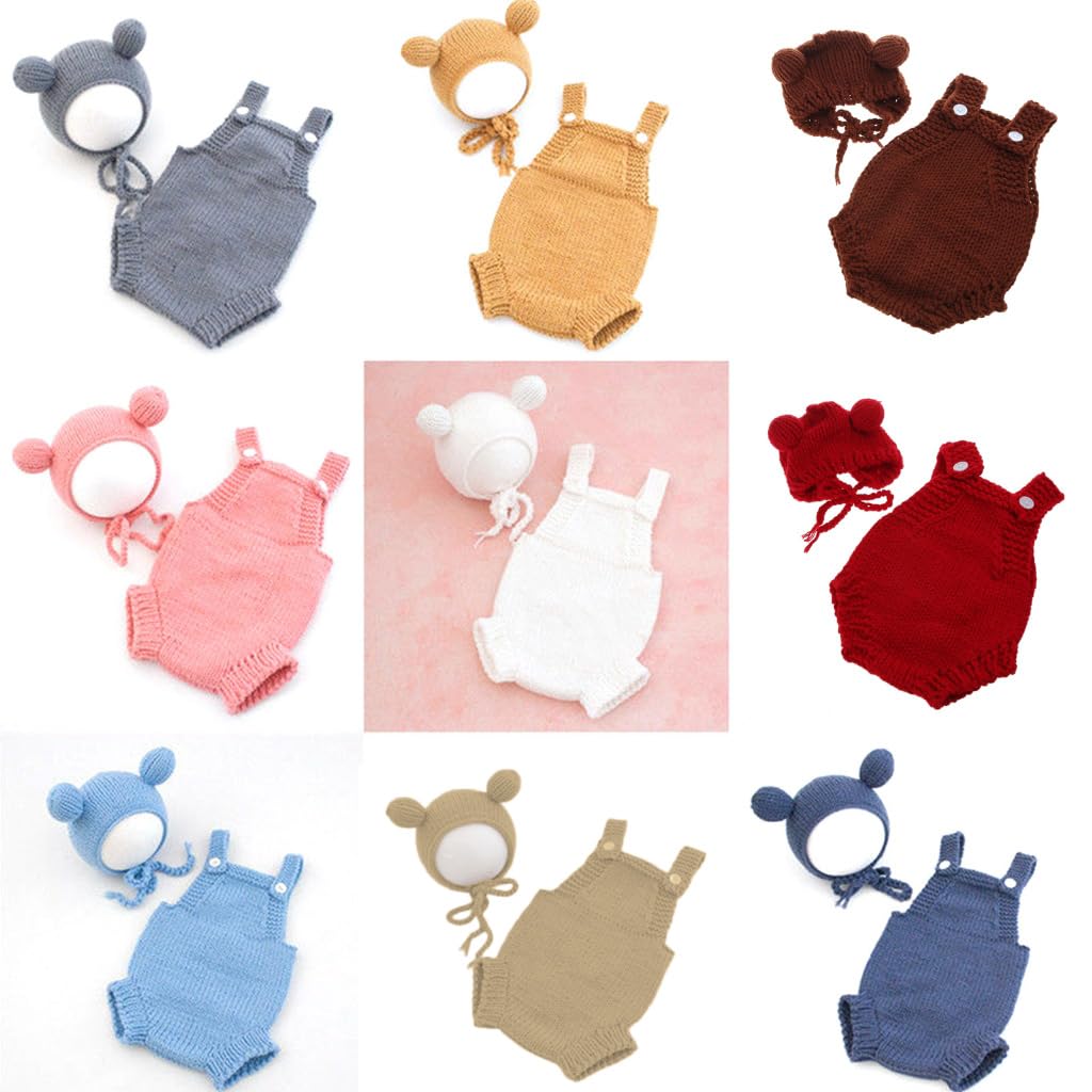 Newborn Photo Costume Knitting Cartoon Ear Hat & Baby Suspender Romper Photo Clothes Photo Props Costume Set