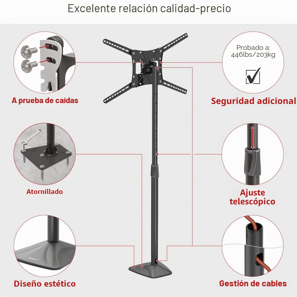 Barkan Soporte TV de Suelo para Pantallas de 13-86 Pulgadas, Giratorio e inclinación y Altura Ajustable, Acabado Brillante, TV Pie, Peso máximo 56Kg, hasta VESA 600x400, Atornillado al Suelo