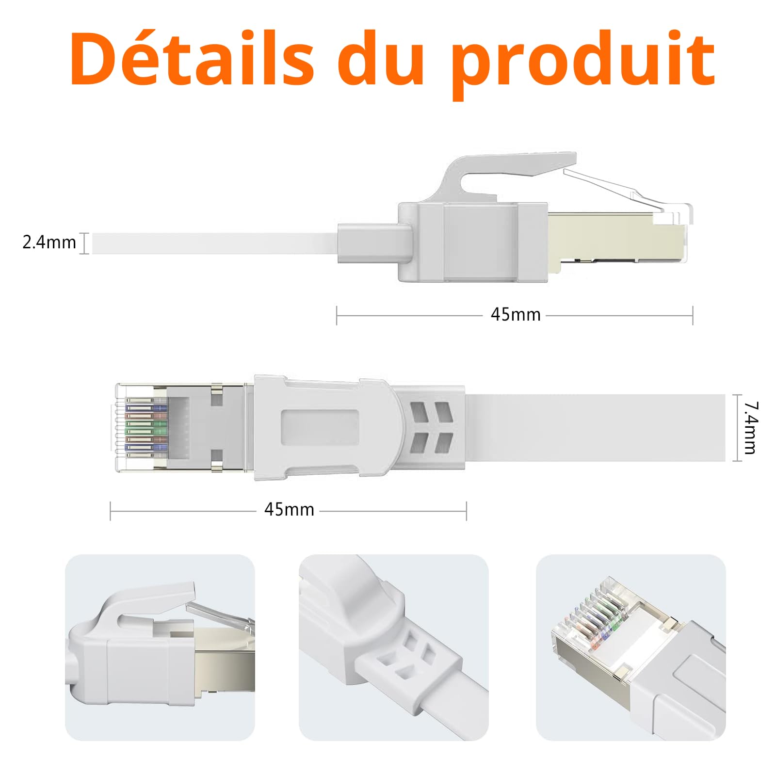 Câble Ethernet Cat 8 0,5m 5 Pièces 40Gbps 2000MHz Plat STP RJ45 LAN