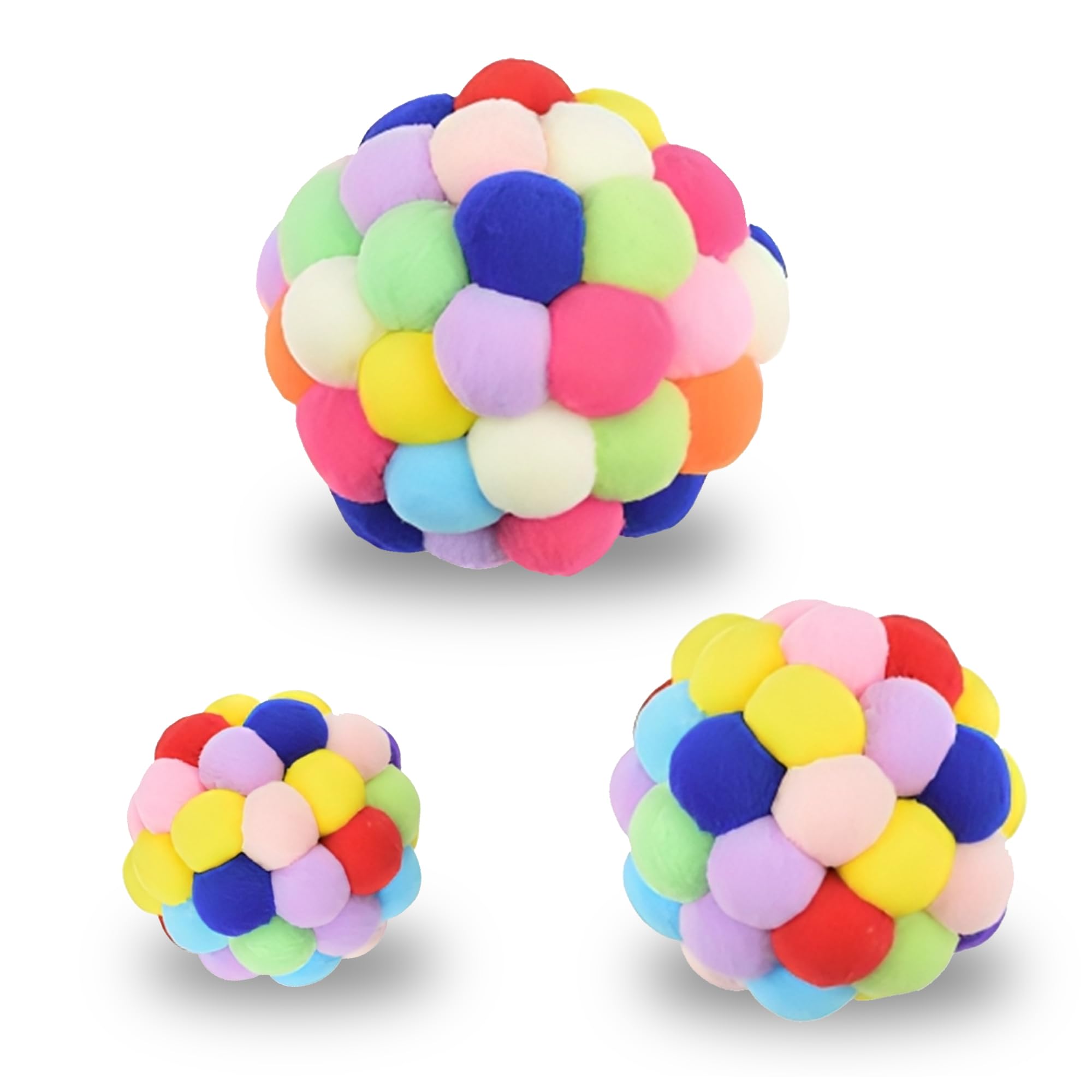 Vila Fuzzy Balls with Bells for Cats, Chewing and Enrichment Tool, Multi-Color Soft Plush, Small (2”), Medium (2.5”), Large (3”), 3 Pieces Per Pack