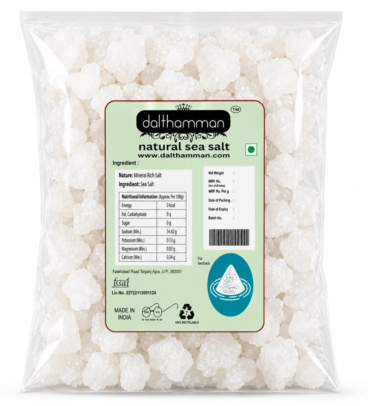 Dalthamman Crystal White Sea Salt, 900 gm | From Pristine Ocean Waters, For Cooking, Seasoning, Baking, Rich in Minerals