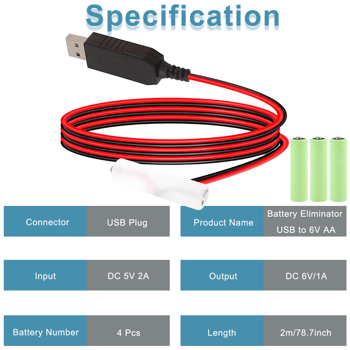 2 pezzi Convertitore alimentazione USB a 6 V AA con eliminazione della batteria Alimentatore USB Cavo batterie AA da 6 V, Sostituisce 4 batterie AA da per luci LED radio ventilatori
