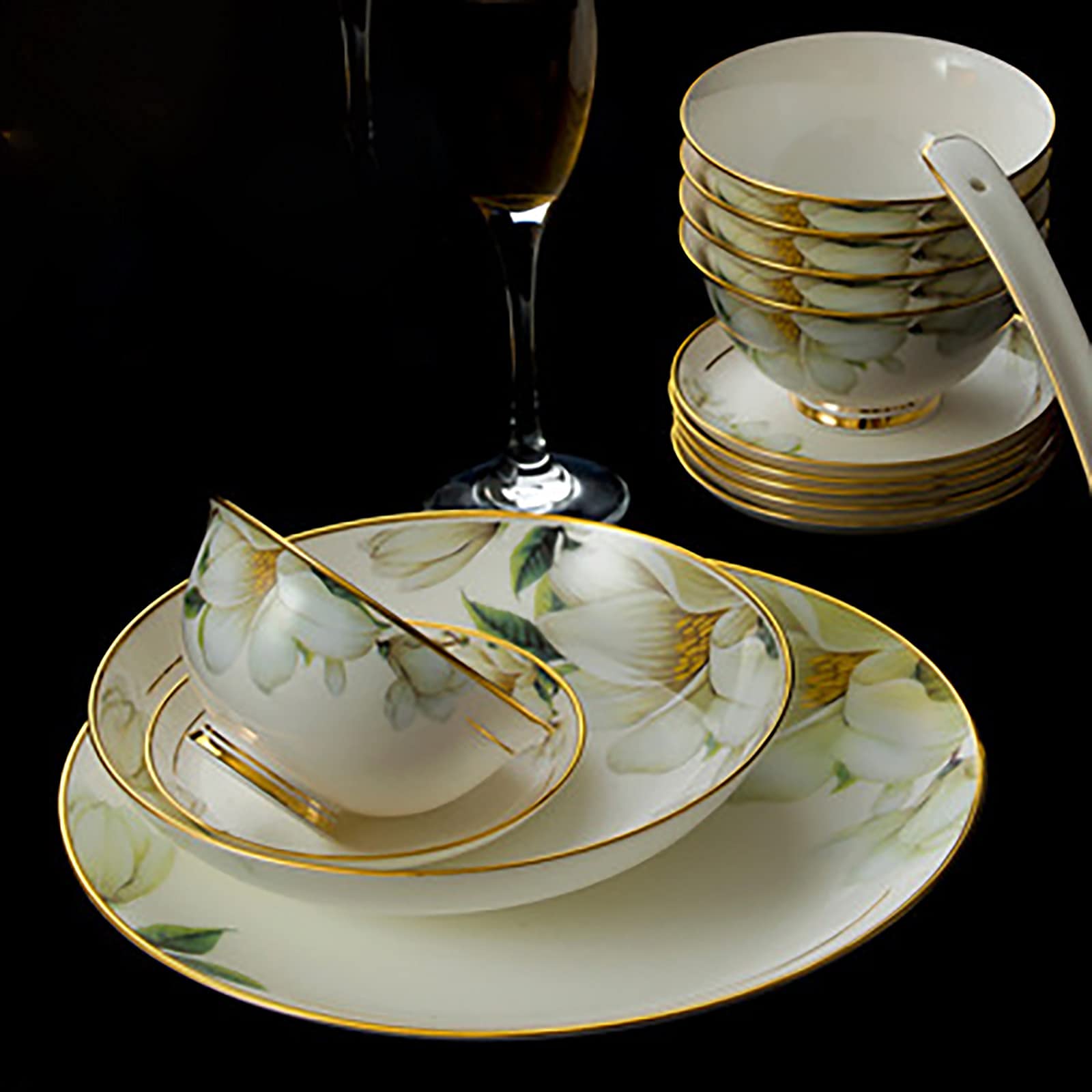 60-częściowy zestaw naczyń z porcelany kostnej, z miseczkami na musli, talerzami deserowymi, talerzami do zupy, talerzami rybnymi i garnkiem do zupy, dla 10 osób, nadaje się do mycia w zmywarce i