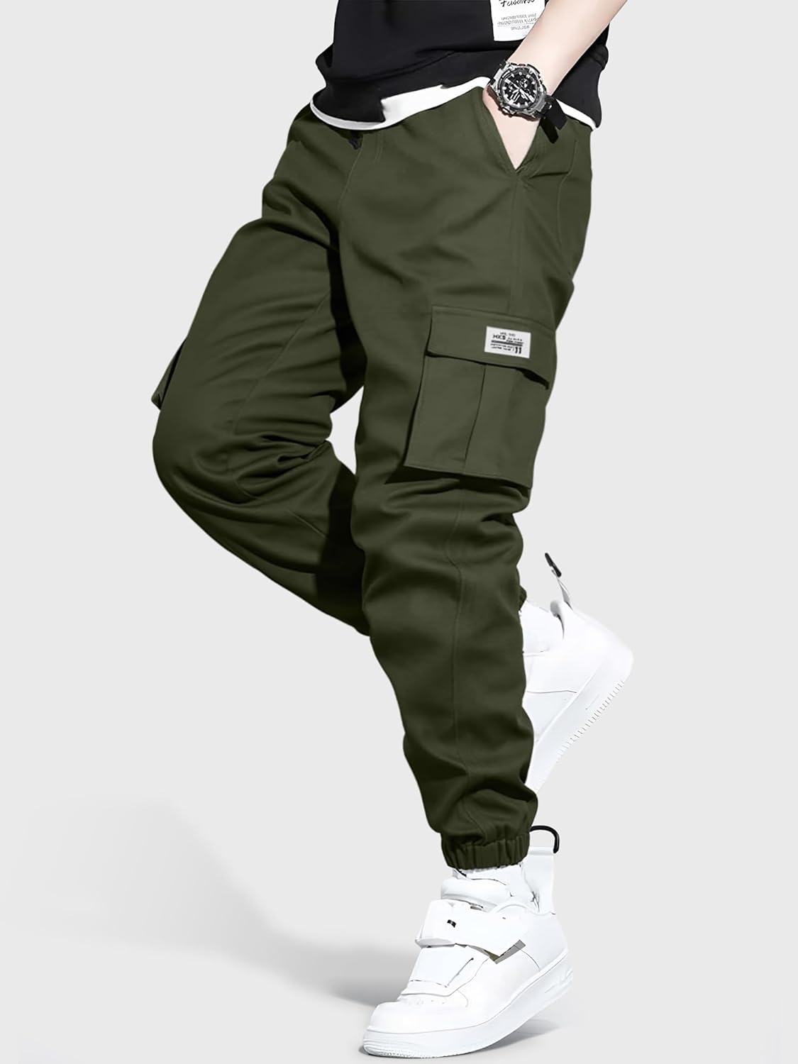 HOTake Men's Casual Cargo Pants Elastic Waist Drawstring Tapered Pants for Men Joggers Hiking Pants with Multi Pockets - Image 2