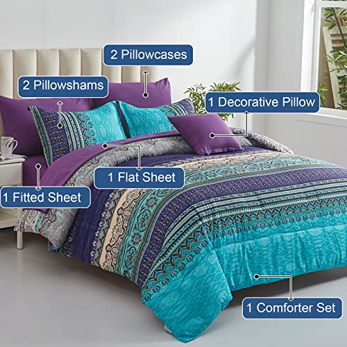 Image of Boho Comforter Set California King Size 8 Piece Bed in a Bag Bohemian Striped Bedding Quilt Set Aqua Paisley Floral Comforter and Sheet Set,Soft Microfiber Complete Bedding Sets for All Season