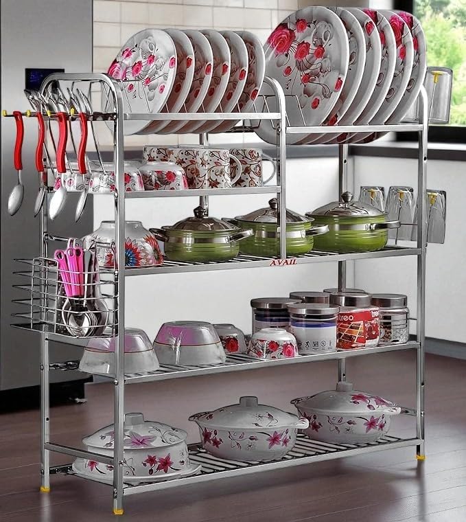 AVAIL Stainless Steel 5 Shelf Wall Mount Kitchen Racks | Dish Rack with Cutlery and Plate Kitchen Stand | Modular Kitchen Bartan Stand | Kitchen Utensils Stand (31X30 Inches)