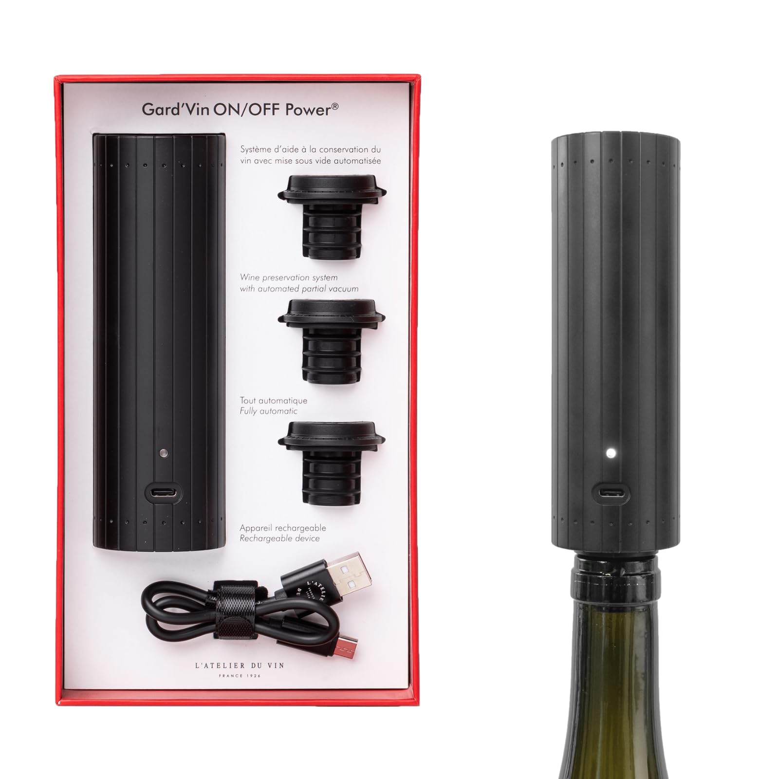 L'ATELIER DU VIN - Gard'Vin On/Off Power 3 bouchons - Pompe à vin électrique