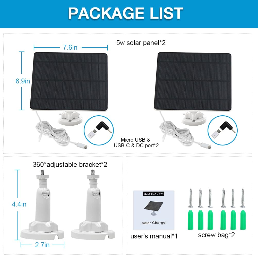 Pannello solare per telecamera di sicurezza, pannello solare USB da 5 W per fotocamere DC 5 V, caricatore per pannello solare per fotocamera, micro USB, USB-C e CC, pannelli solari impermeabili IP65
