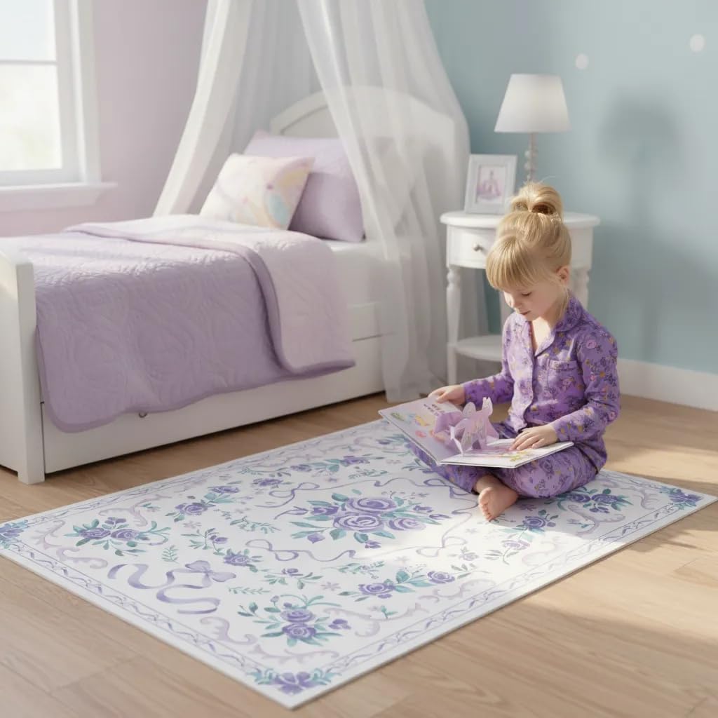 CCoutueChen Purple Bow Floral Area Rug 3x5 Girls Washable Indoor Non-Slip French Country Rug Elementary School Classroom Light Purple Carpet for Nursery Playroom Daycare Bedroom Living Room