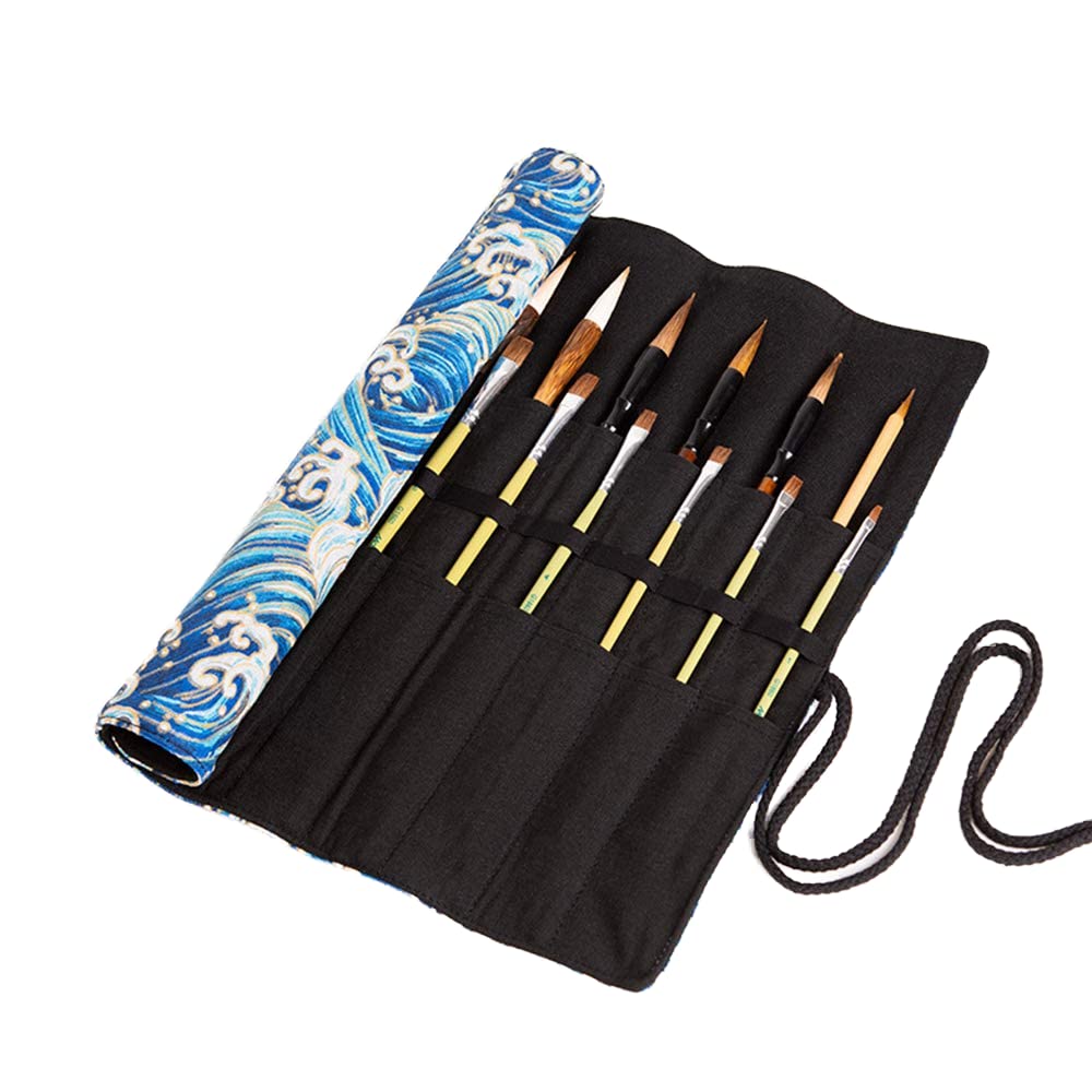 20 Slots Artist Paint Brush Roll Up Bag Holder Canvas Pouch Makeup Case Organizer Rollup Protection（Without Brushes） (Blue spray)