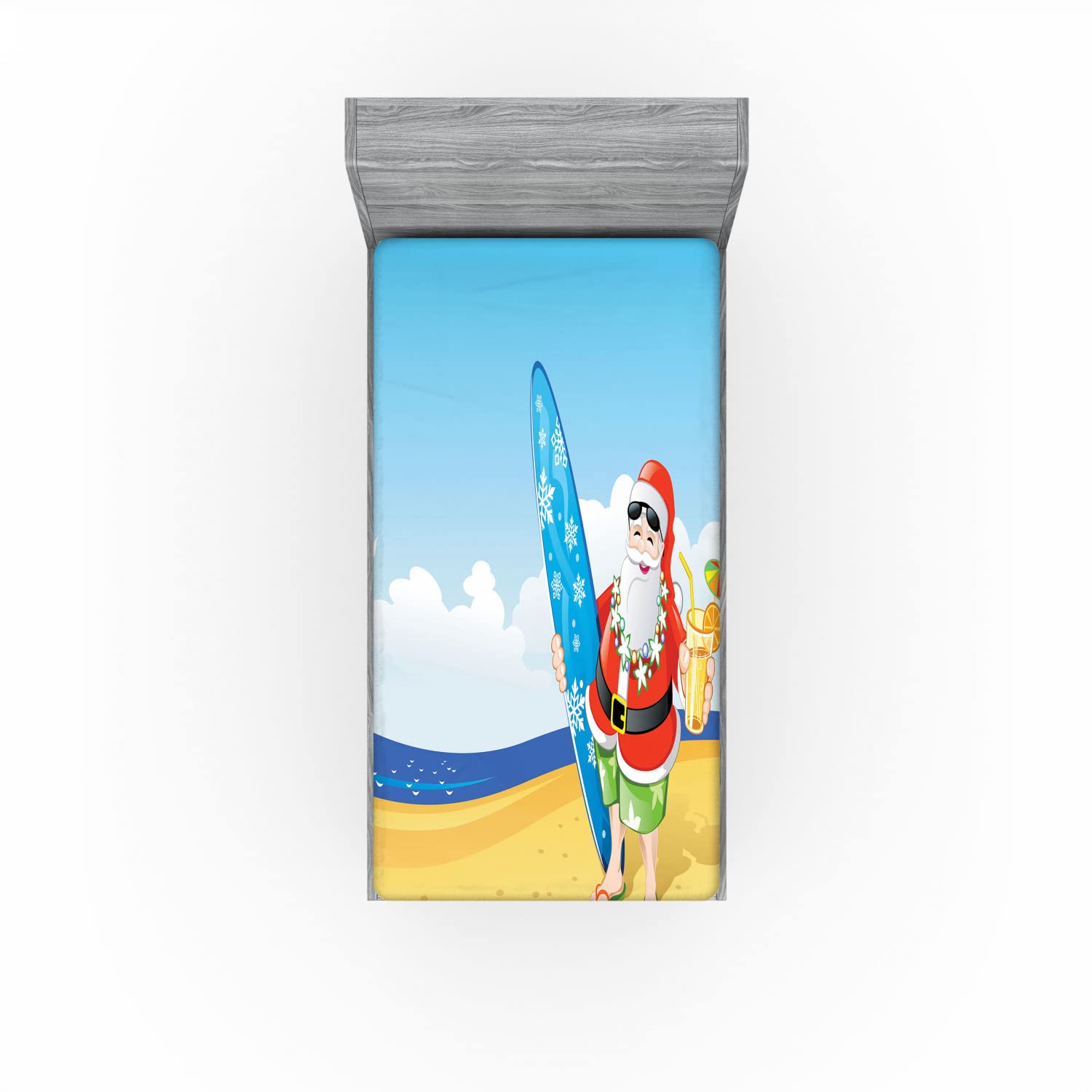 Ambesonne Christmas 2 Pack Fitted Sheet, Santa on Beach Surf, Bed Cover All-Round Elastic Deep Pockets 2 Pieces, Package Contains 2 Twin Size Fitted Sheets, Blue Yellow