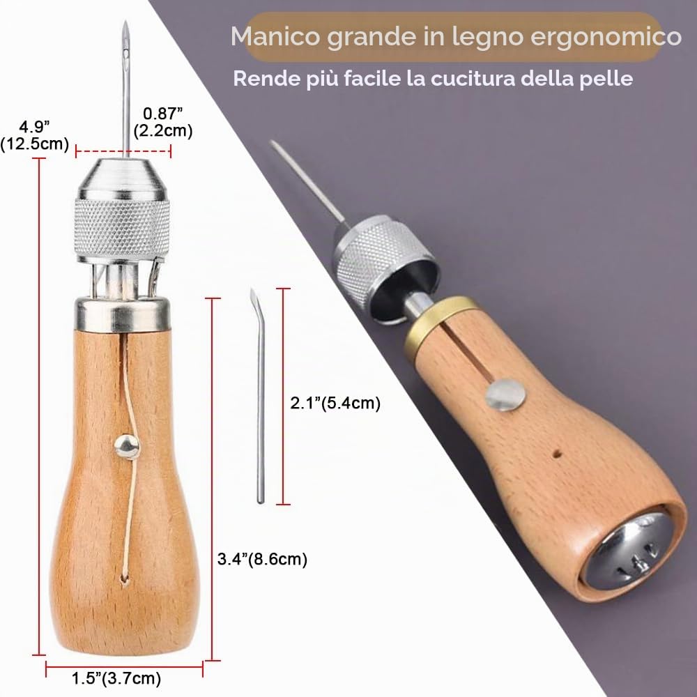 NICAVKIT Set da cucito in pelle: utensili artigianali con alesino, aghi a mano, rotoli di filo di cera, aghi, anello in ottone, bobina e pinza