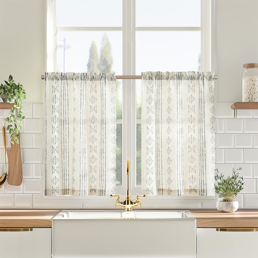 Vangao Scheibengardinen Modern Küche Boho Gestreift Leinenoptik Bistrogardine 2er Set 65Bx60Hcm Geometrisch Vorhänge mit Stangendurchzug Küchen Gardinen kurz Wohnwagen Lichtdurchlässig Grau und Beige