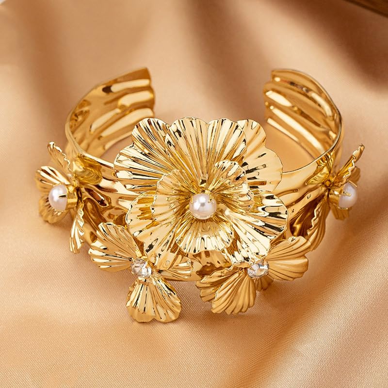 Chunky Gold Cuff Bracelets for Women Vintage Pearl Crystal Flower Bracelet Bohemian Style Open Bangle Chunky Flower Statement Wide Bracelet Birthday Party Wedding Jewelry3