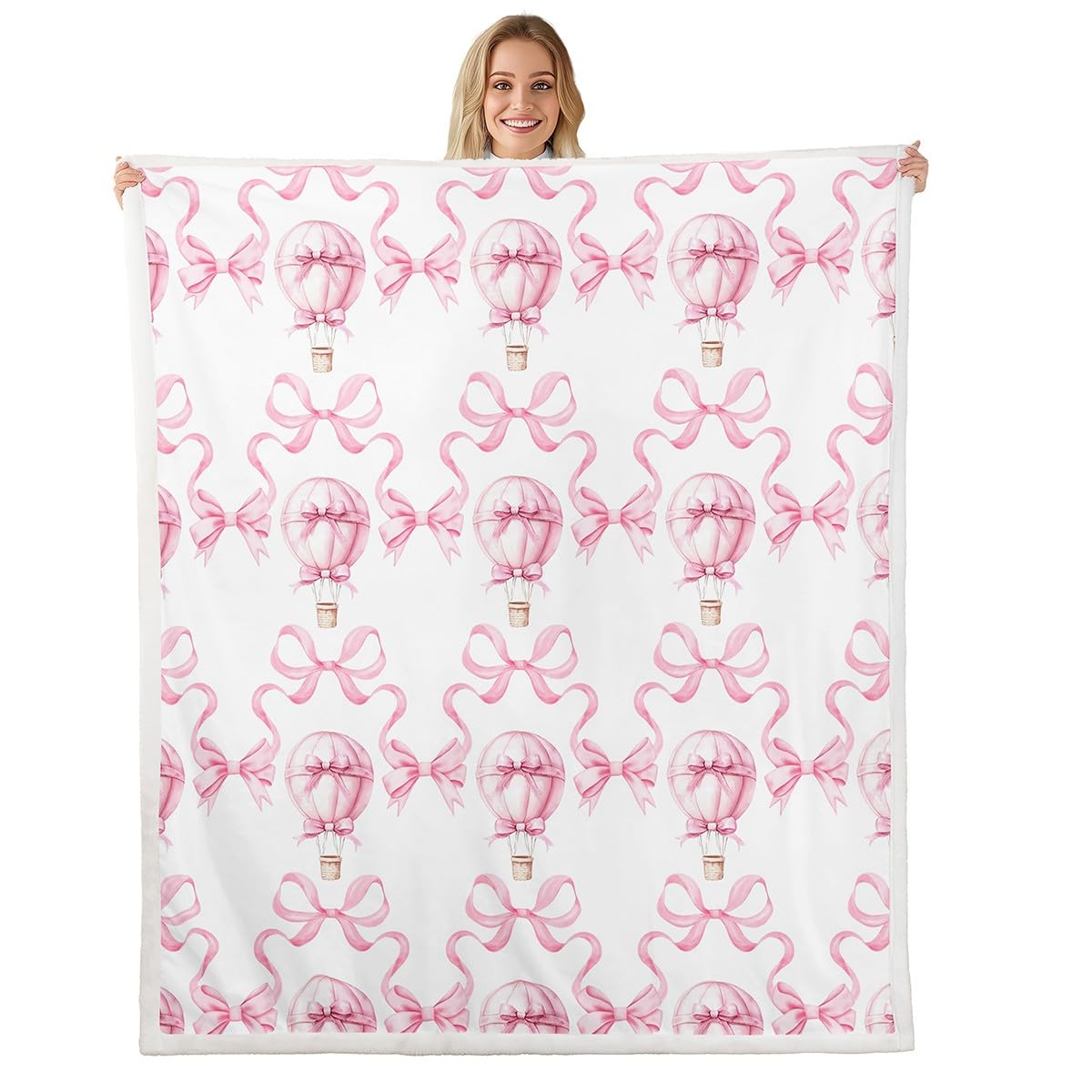 feelingyou Hot Air Balloon Flannel Blanket,Princess Bowknot Ribbon Stripes Pink White Fleece Blanket for Room Decor,Romantic Pink Bow-tie Fairy Tale Throw Blanket for Sofa Couch,Throw 50"x60" — image 1