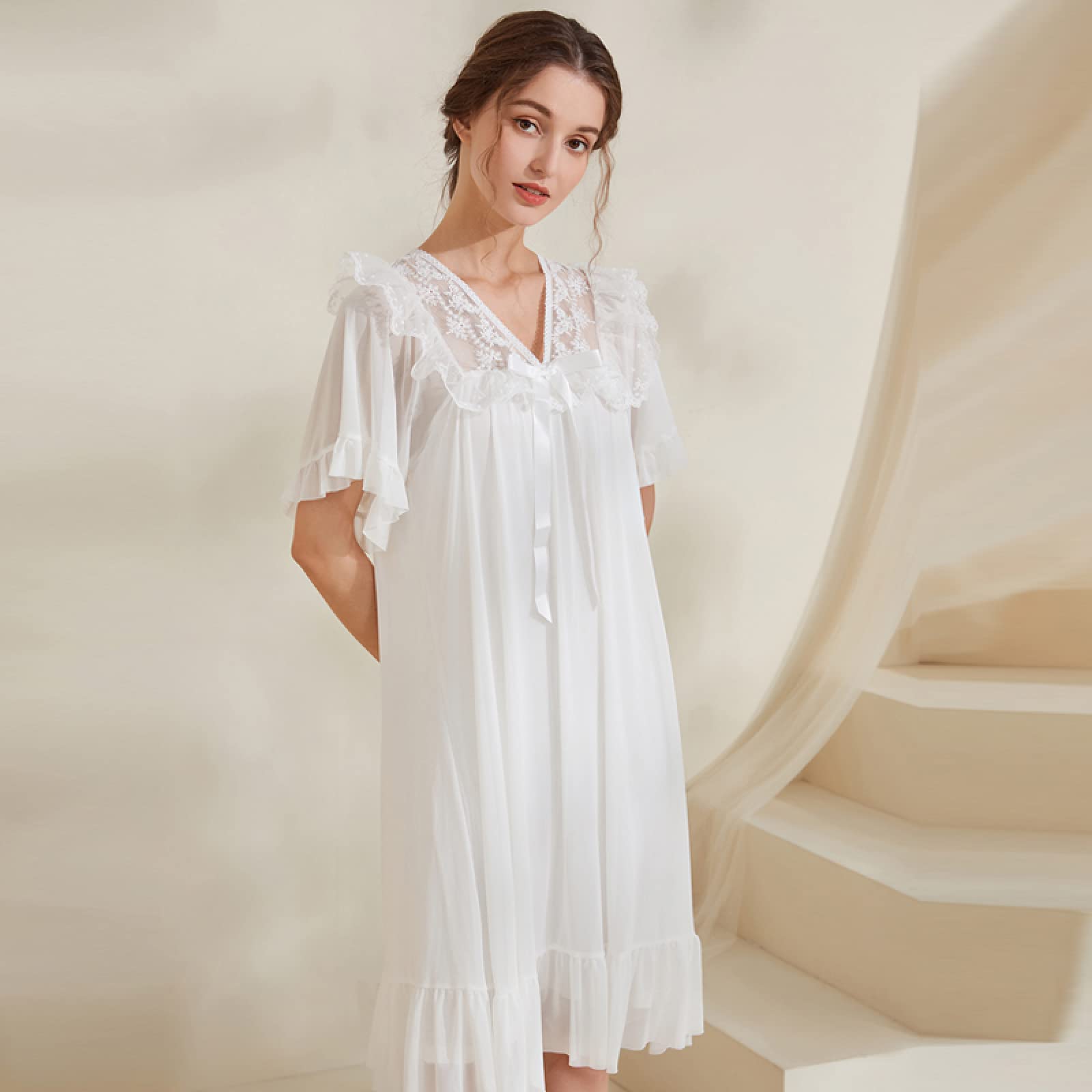 OFFSUM Camisón De Pijama De Mujer - Camisón De Princesa De Color Sólido Camisón De Verano con Lazo De Malla De Encaje Camisón De Dos Pisos Elegante Bordado Ropa De Casa Lencería