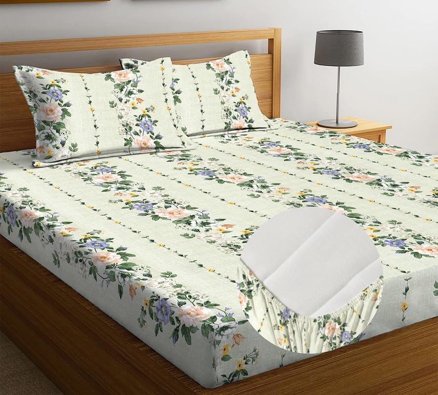 Image of la'amour Premium Cotton Elastic Fitted Bedsheets with 2 King Size Pillow Covers Double Bed with All Around Elastic Supersoft Size - 72 King Sizex78+10 inches Green Leaf 200 tc - 220 tc