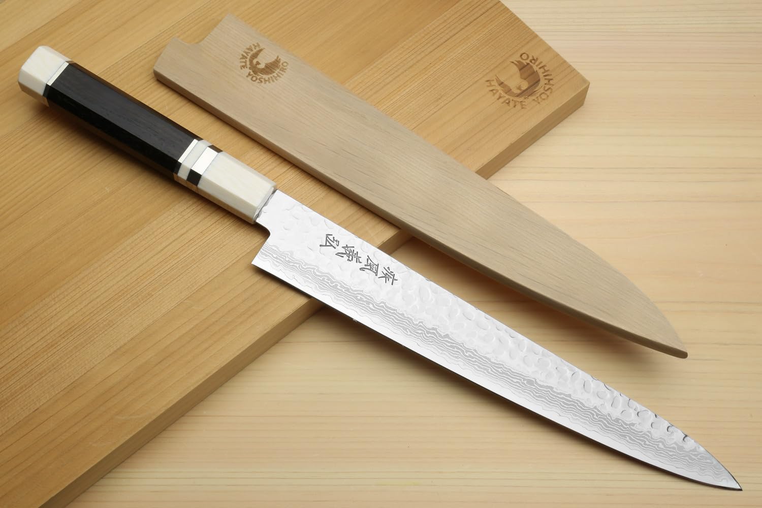 Yoshihiro VG10 46 Layers Hammered Damascus Sujihiki Japanese Slicer Knife (9.5" (240mm) Ebony Handle with Alternative Ivoy Bolster) — Amazon image 2