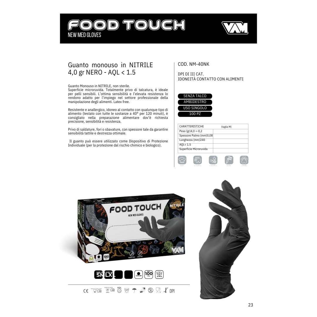 VAM Food Touch Guantes de nitrilo 4 gramos, ideales para la industria alimentaria, Ho.Re.Ca, Estética y Tatuadores, de calidad superior (1000, M)