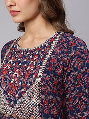 Image of Women Cotton Embroidered Printed Round Neck 3 /4 Sleeve Flared Kurta