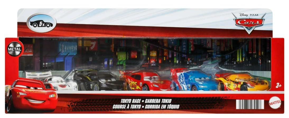 Mattel Cars 3 Tokyo Race 5 Pack Shu Todoroki, Lewis Hamilton, Lightning McQueen mit Rennrädern, Raoul CaRoule, Miguel Camino