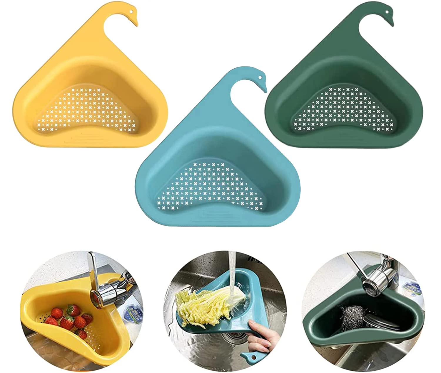 3 Pezzi Cestino Scolapiatti da Lavello Portaoggetti per Lavandino Cestello Filtri per Lavello Cigno Cestello di Scarico da Cucinaper Riporre Frutta,Verdura,Spazzatura,Avanzi Multifunzione