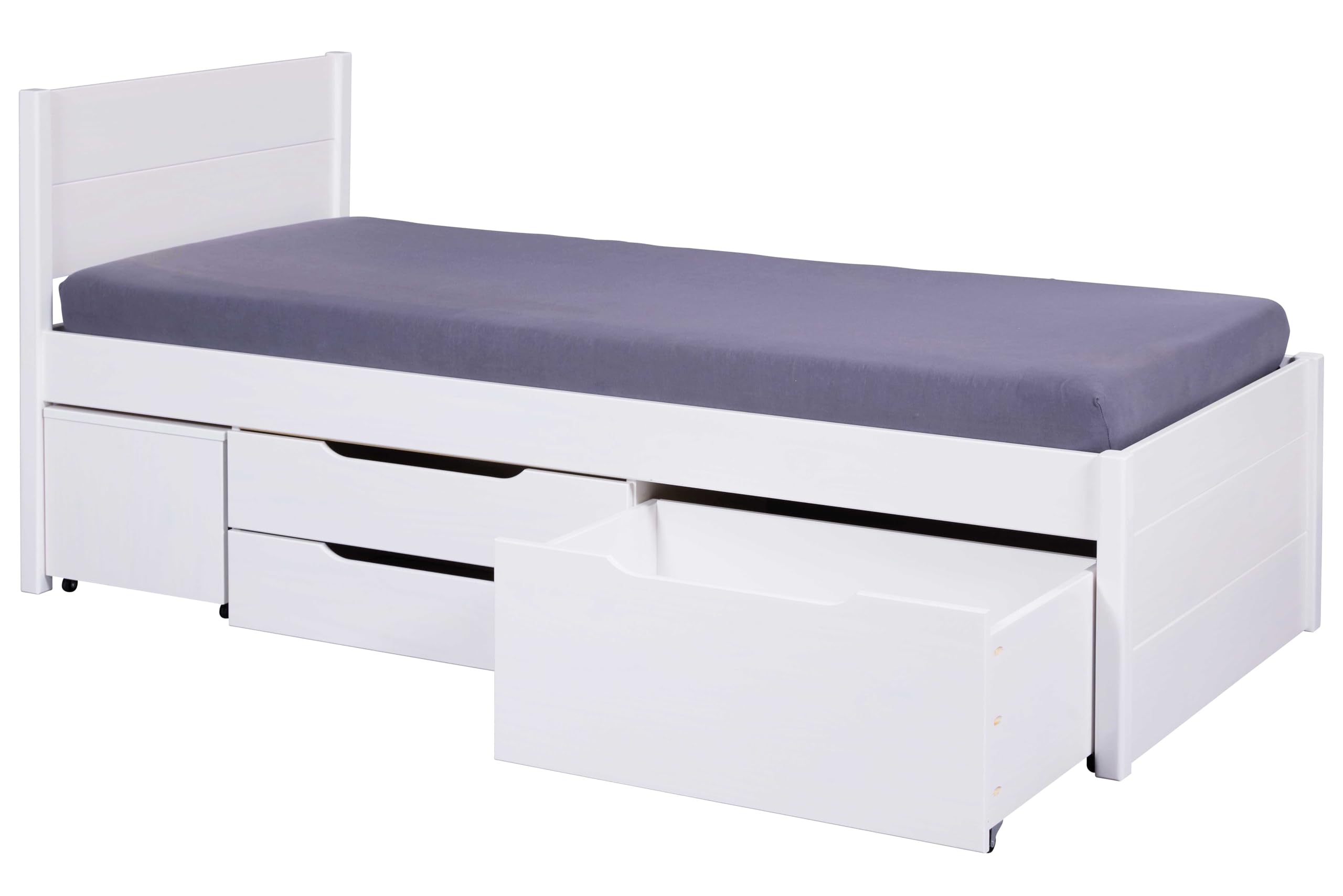 Inter Link, Letto singolo 90 x 200 cm, Letto a scomparsa con contenitore, Pino massiccio, 2 cassetti grandi e 1 cassetto, Base a doghe inclusa, Laccato bianco, Efetivo 140 x 200 cm