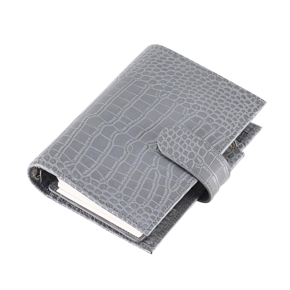 Personal Organizer 6 Ring Binder Top Grain Leather Multi-Function Card Wallet with Adjustable Straps, Perfect for Document Storage, Business Daily Management Gift (Gray)