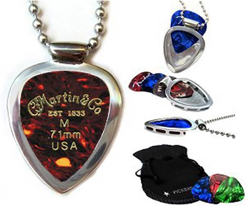 Guitar Pick Holder Pendant Necklace Stainless Steel w MARTIN guitar picks & Bigger Ball Chain Necklace & Pick Set (Authentic)