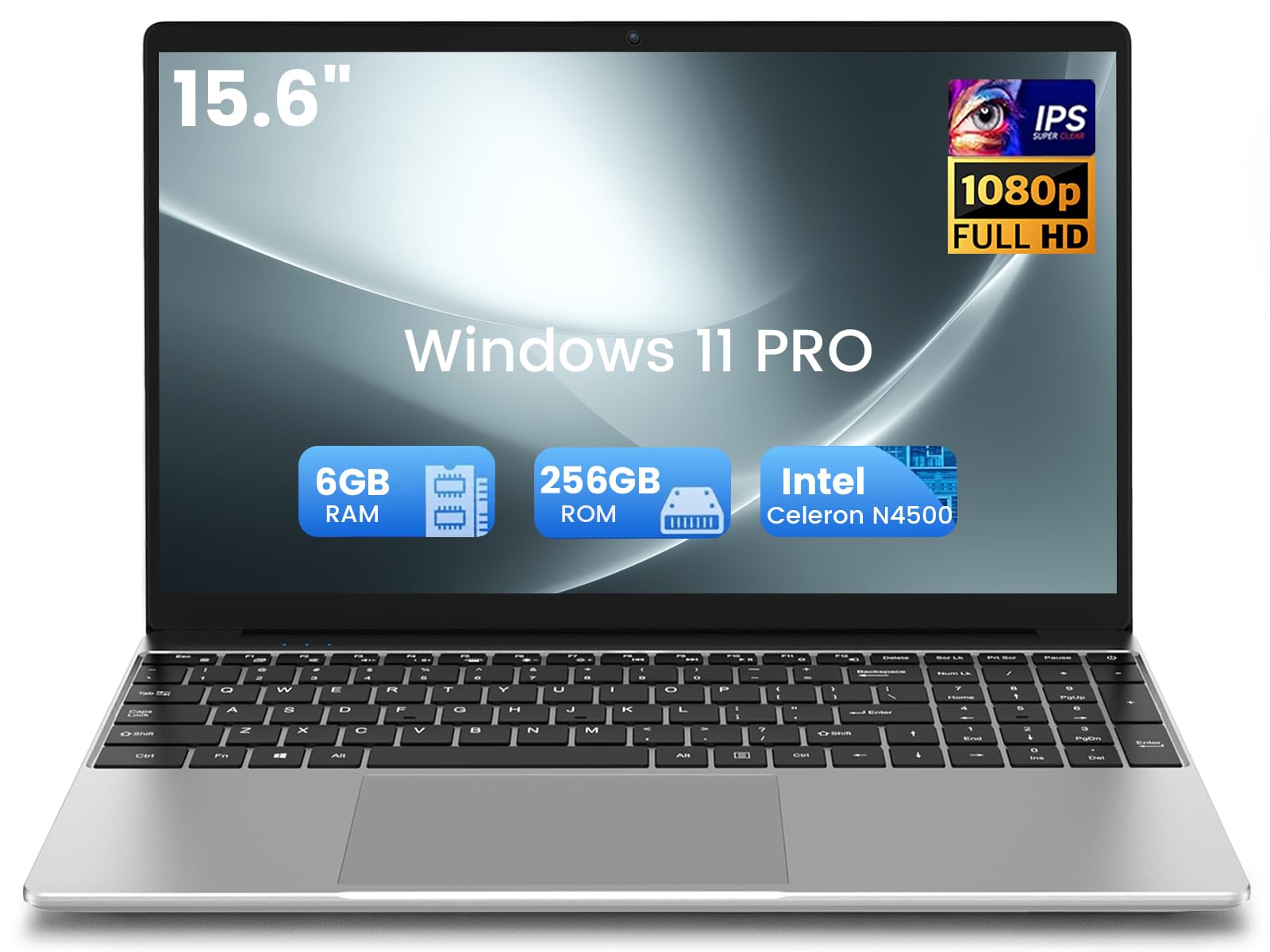 Kayoote 15,6" Ordenador Portátil FHD IPS con procesador Celeron N4500, 6GB RAM 256GB SSD, Win 11 Pro PC Portátil con Webcan, Laptop 2*USB3.0, HDMI, Wi-FI5, BT4.2, 4000mAh Battery
