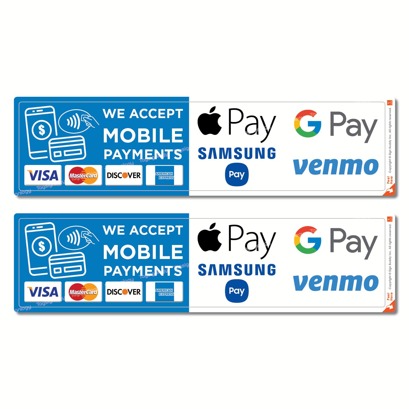 (Pack of 2) (approx. 23.5 x 6.1 cm) We accept credit card & mobile payment service sign waterproof stickers compatible for (Visa, MasterCard, Discover, AmEx, Apple Pay, Google Pay, Samsung Pay,