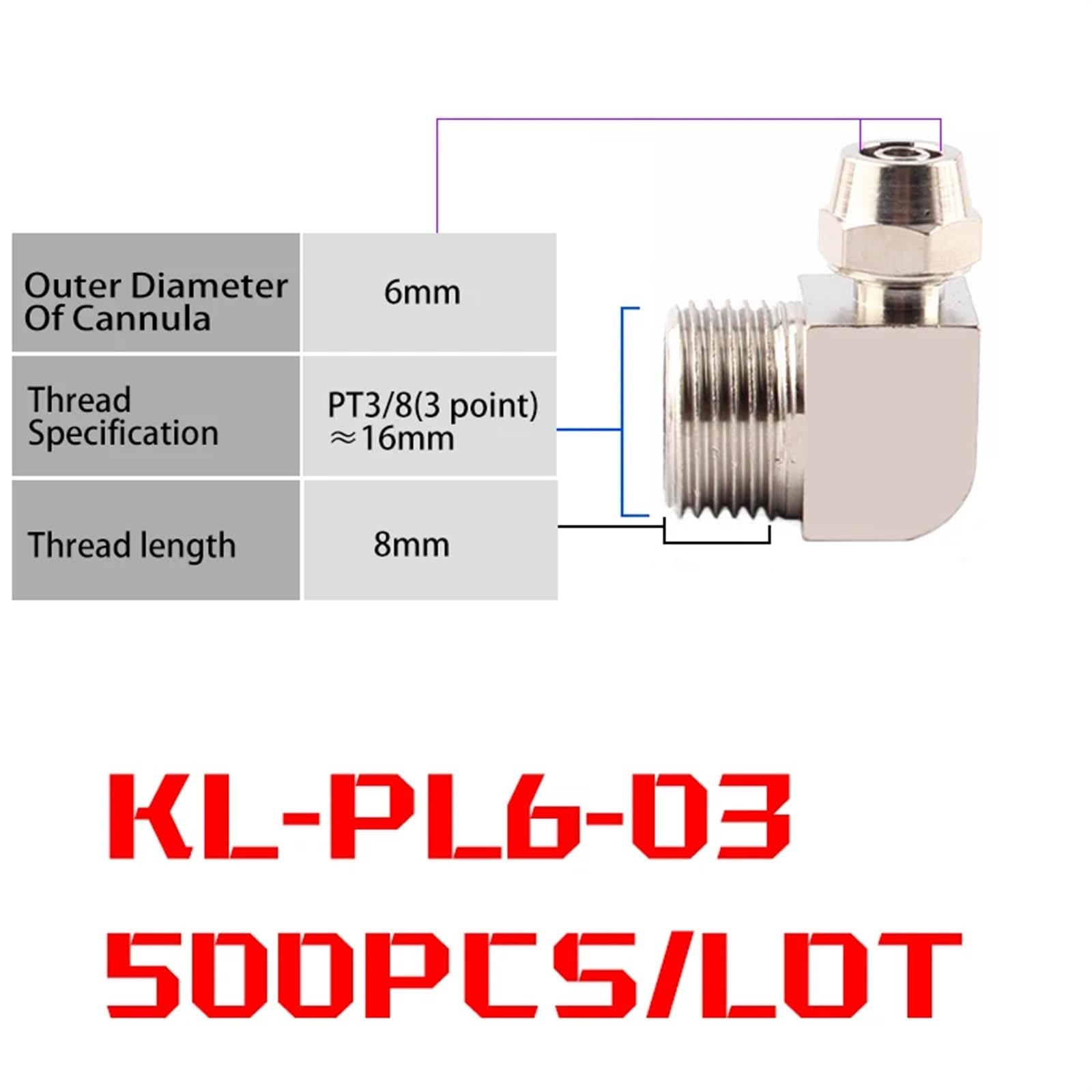 Air Fittings KL-PL6 KL-PL8 KL-PL10 KL-PL12 Fast Screwing Quick Connector Elbow Pneumatic Fitting 500Pcs(500PCS KL-PL6-03)