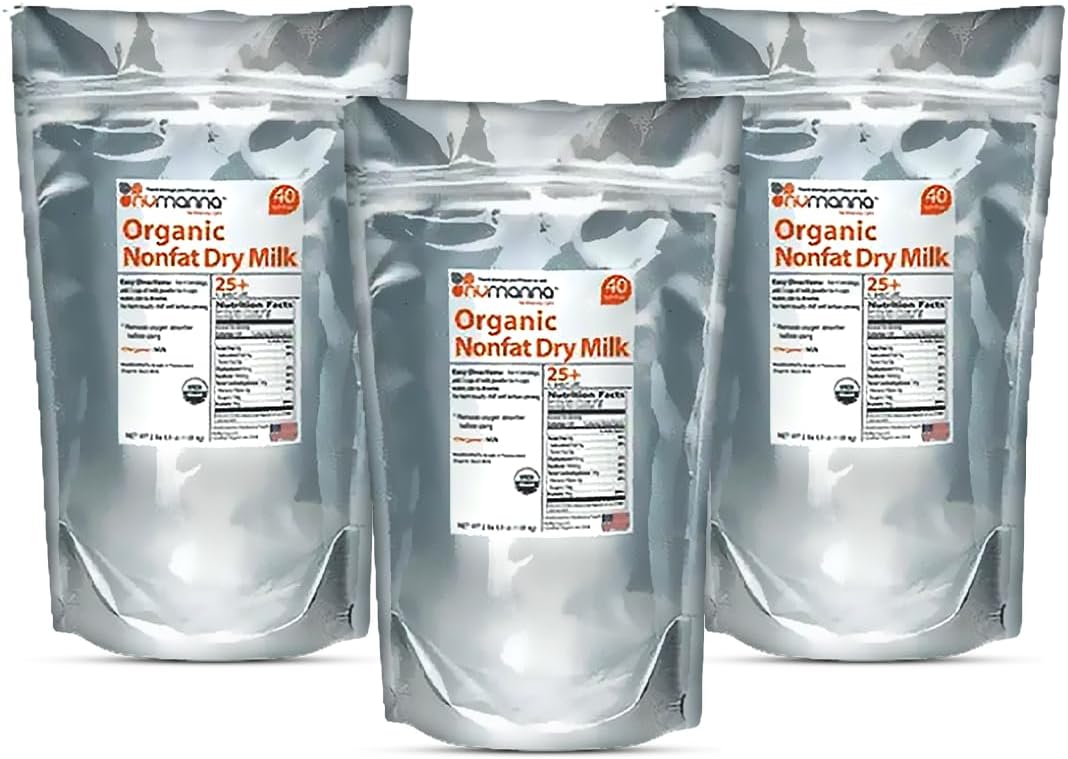 Numanna Organic Non-Fat Milk Powder – USDA Certified, Hormone-Free | 40 Servings per Pouch | Ideal for Baking, Cooking, Emergency & Long-Term Storage | 10–15 Year Shelf Life | Made in USA | Pack of 3