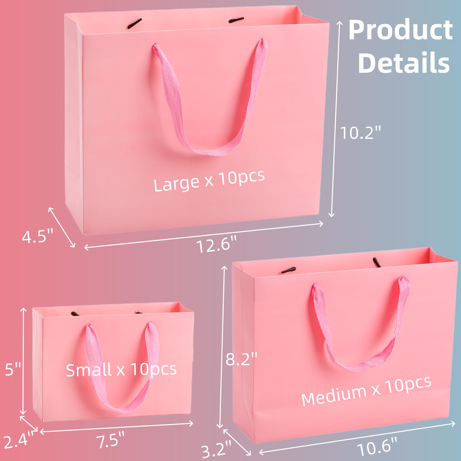 Lyellfe 30 Pack Pink Gift Bags, Heavy Duty Kraft Paper Bag with Handle Bulk, Recycled Water-proof Shopping Bags, Assoorted Merchandise Retail Bags for Birthday, Wedding, Party, S, M, L