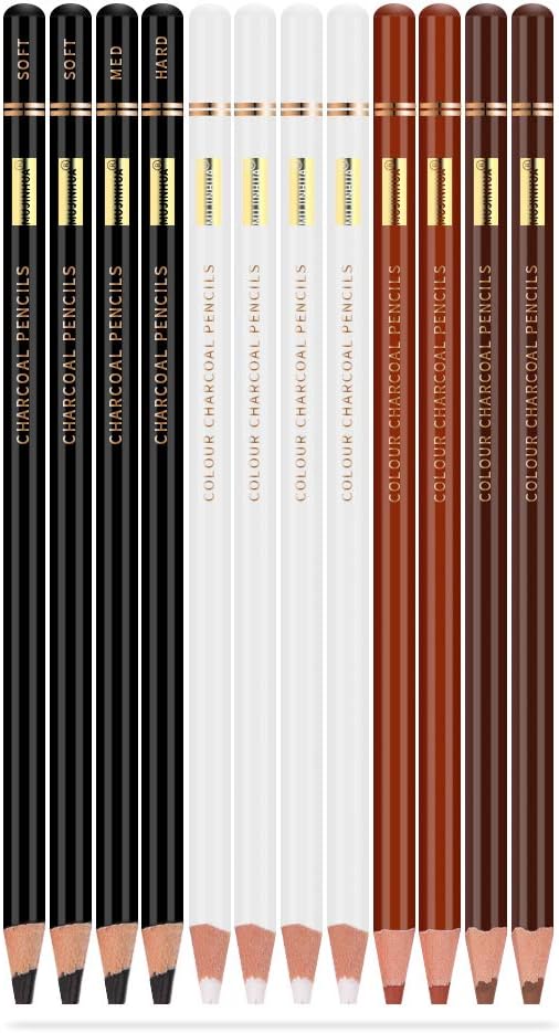 MUJINHUA Professional Charcoal Pencils Drawing Set, Colour Pencils Sketch Highlight White Pencils for Drawing, Sketching, Shading, Blending, for Beginners & Pro Artists, Set of 12 : Arts, Crafts & Sewing