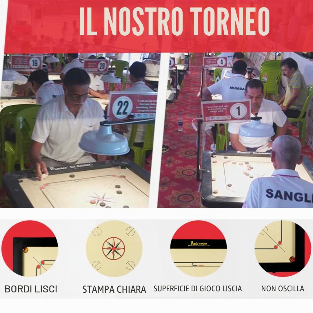 Carrom Original 6 mm Chroma Excel Set professionale completo brevettato realizzato a mano in India per 4 giocatori dai 9 anni in su
