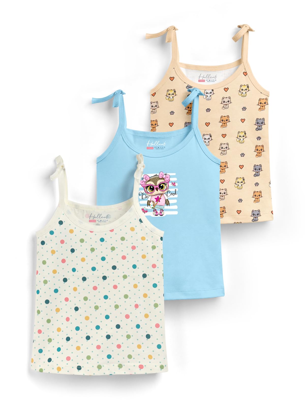 HELLCAT 100% Cotton Strap Open Jhabla Vest & T Shirt for Babies - Pack of 3 (Unisex,Knot Type Jabla)
