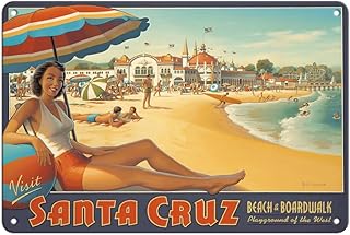 Pacifica Island Art Visit Santa Cruz California - Beach & Boardwalk - Playground of the West - Vintage Travel Poster by Kerne Erickson - 8 x 12 inch Vintage Metal Tin Sign