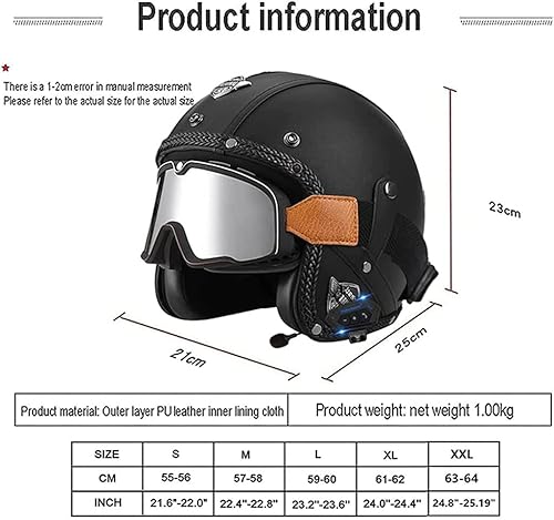 Miniatura 7 de Casco de cuero de estilo vintage con Bluetooth 34 retro abierto cara para motocicleta con gafas certificado DOTECE para verano ATV ciclomotor ligero