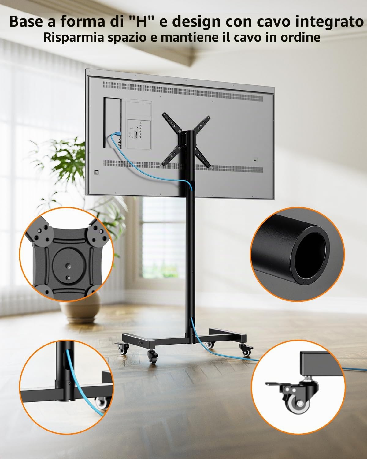 Supporto TV da Pavimento con Ruote per Televisori e Monitor da 17-50 Pollici, Altezza Regolazione Mobile Porta TV da Terra, Carrello Staffa Porta Mobile Supporto Tv fino a 30kg VESA 300x300mm
