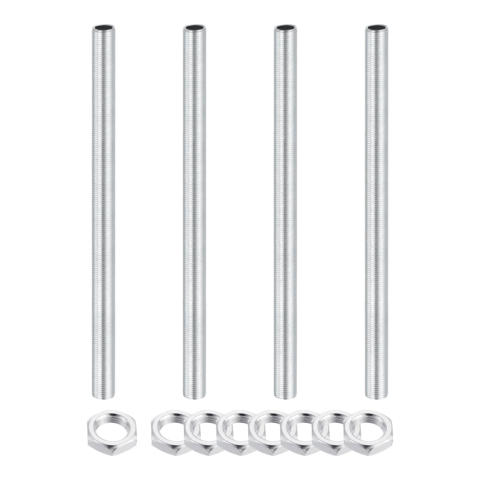 sourcing map 4Pcs 180mm Lamp Pipe Nipples Kit with Lock Nuts, M12x1 Fine All Threaded Hollow Tube Lamp Repair Hardware Fasteners for Chandelier Ceiling Lamps Assembly DIY, White Zinc