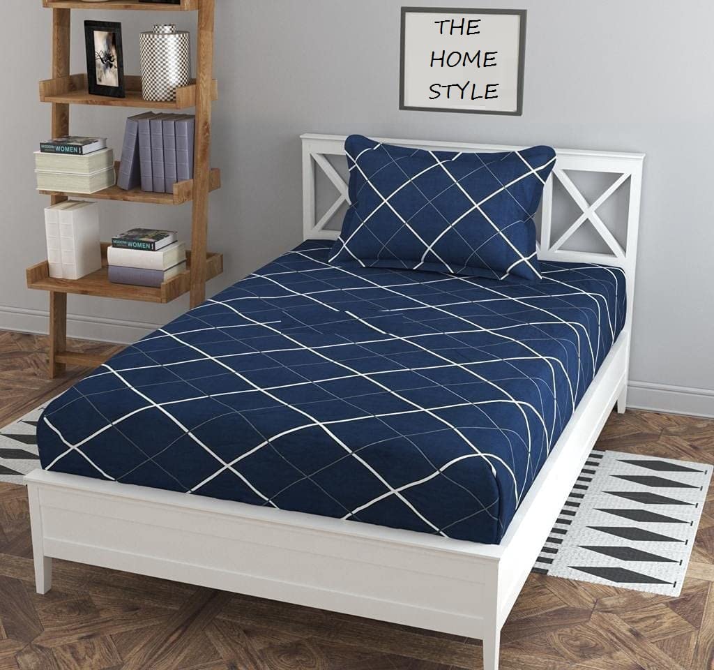 THE HOME STYLE Cotton Feel Glace Cotton Elastic Fitted All Around Printed Full Length Single Bed Bedsheet With 1 Pillow Cover(36"X78",Navy Blue),300 TC