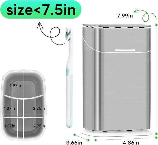 GFWARE Toothbrush Holders with Cover - 5 Slots Tooth Brush Holder for Bathroom, Detachable Bathroom Counter Organizer with Drainage Kids Toothbrush and Toothpaste Holde, Silver