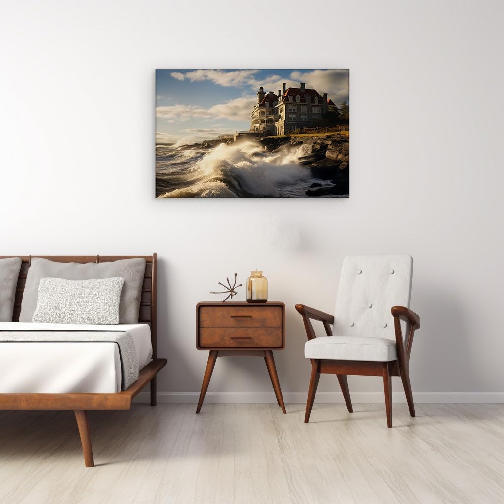 Canvas for Living room. Majestic Seaside Mansion Rising Above the Stormy Depths, 27 x 18 inch Canvas Wall Art - Ready to Hang - 69x46 cm (27x18 inch)