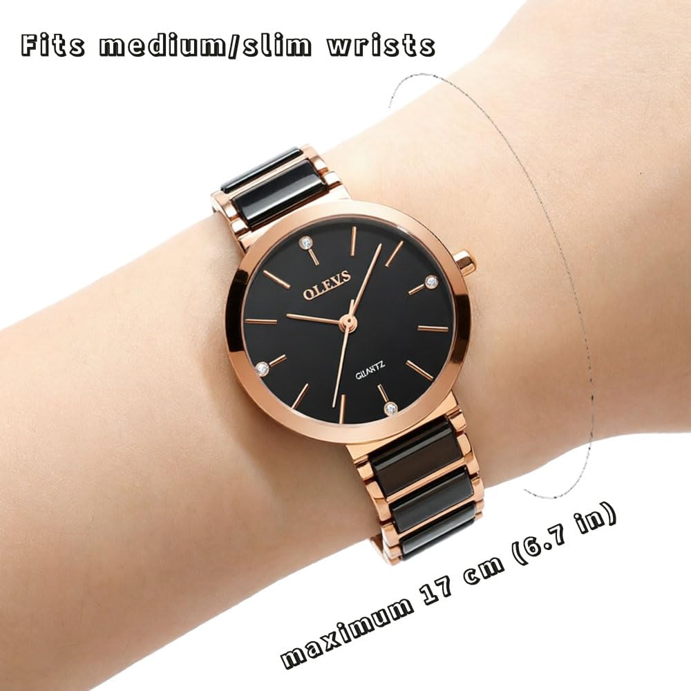 Damenuhr, Roségold Keramik Edelstahl-Uhr, 30mm Kleines Zifferblatt | Minimalistische analoge Quarzuhr, wasserbeständig, für schmale Handgelenke, Schwarz & Weiß – elegantes Geschenk für Damen