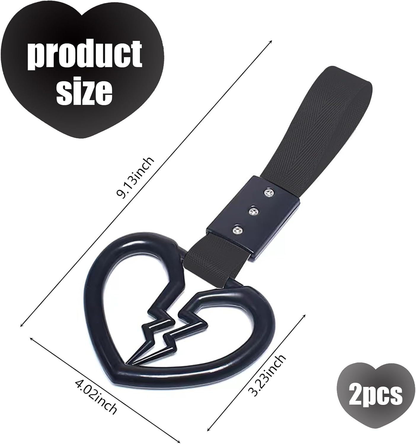 2 PCS Car Warning Hanging Ring, ABS Nylon with Broken Heart Shape Rear Bumper Hand Pull Ring, Multi-Purpose Personalized Decorative Accessory, Compatible with Most Car Models (Black) image 2