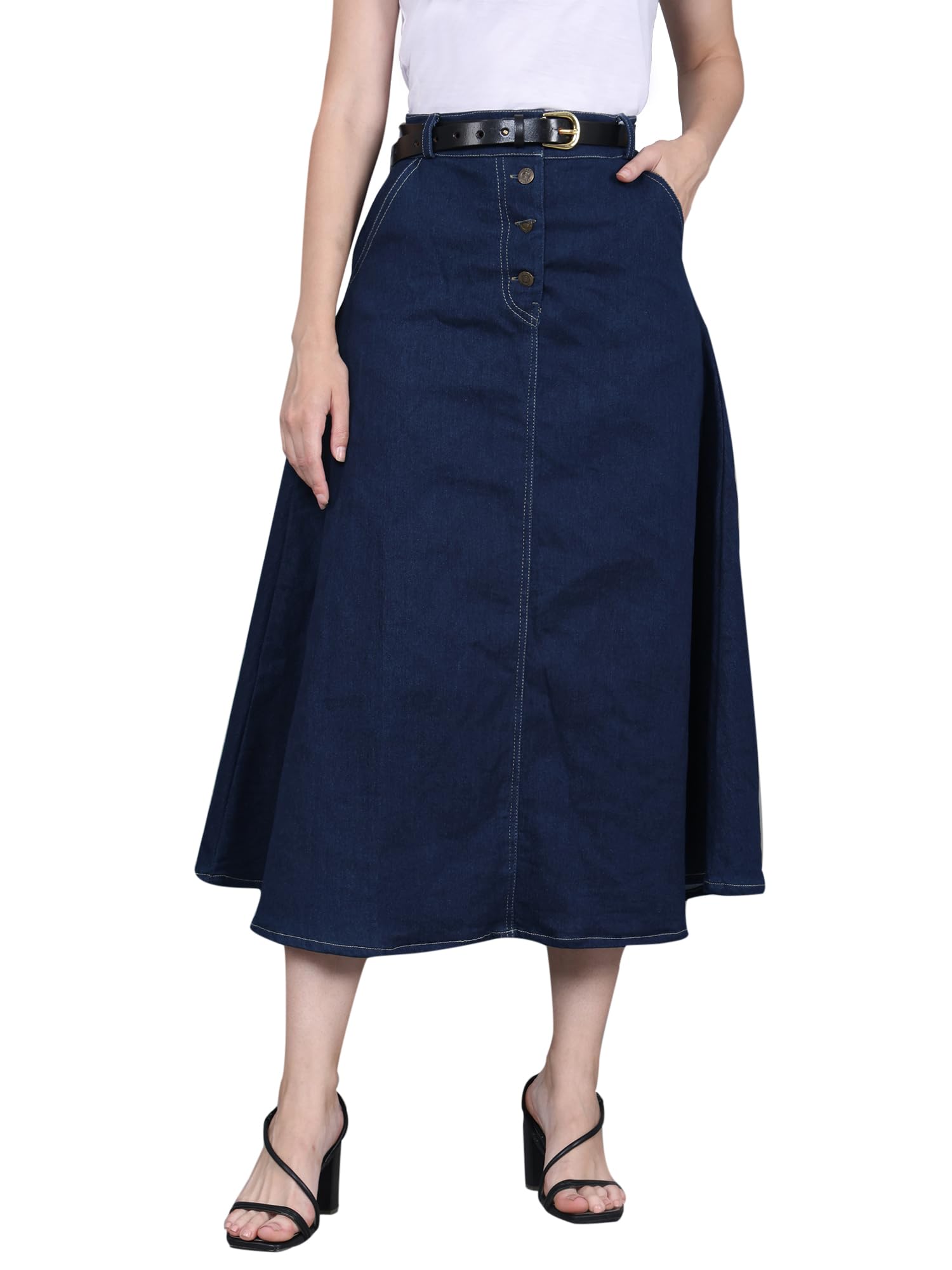 Women Beautiful Long Denim A-Line Blue Casual Skirt-image-32