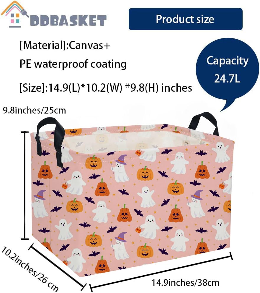 Image of Rectangle Kids Baskets Hallowee Basket Pink Storage Bin Fish Box for Room Decor Gift Basket(Pink ghost)