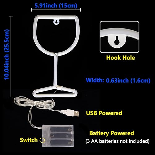 Miniatura 5 de Curyidy Letreros de neón con forma de copa de vino, luces LED de neón para decoración de pared, funciona con bateríasUSB, lámpara de barra para el