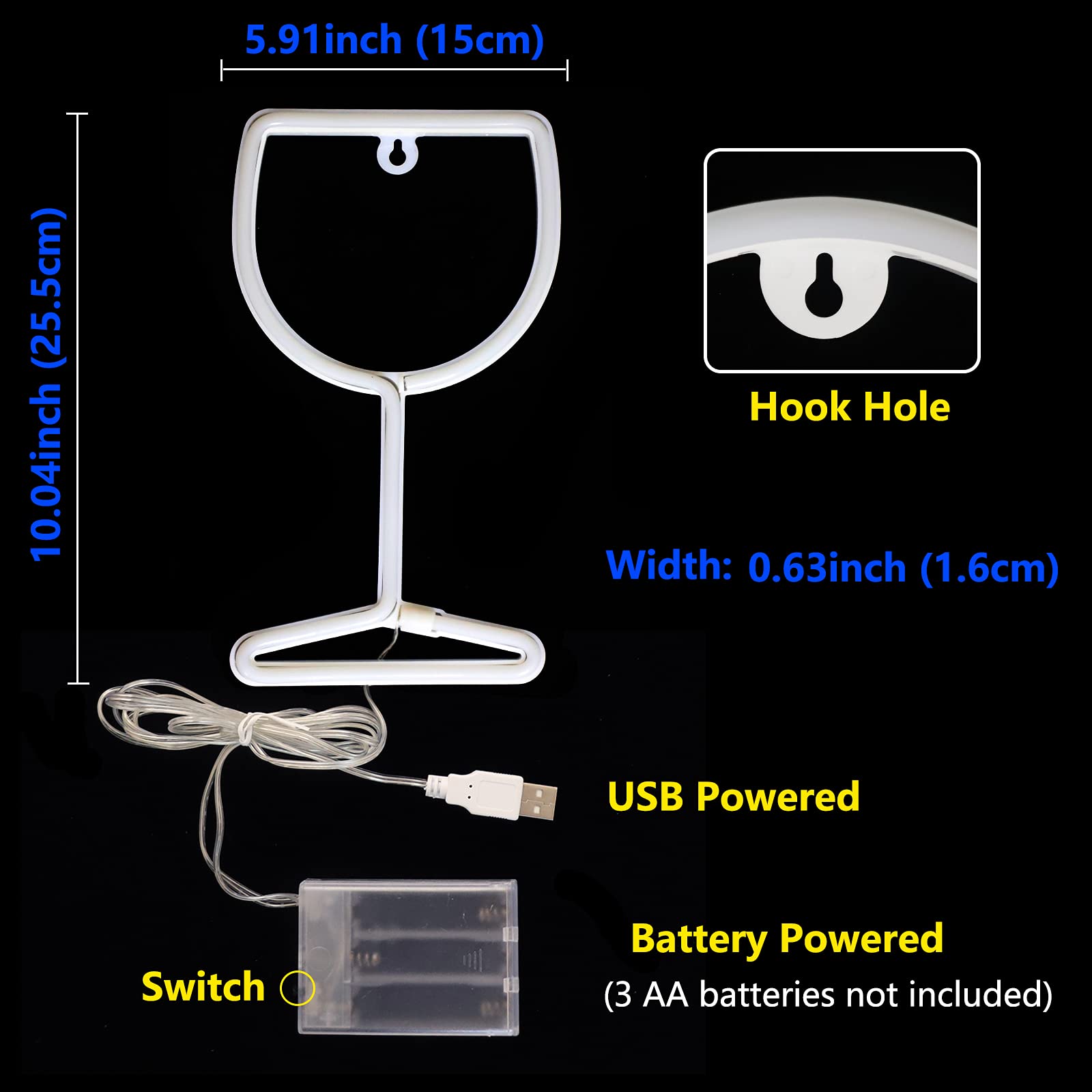 Wine Glass Neon Sign - LED Battery/USB Operated Light For Bar & Room Decor